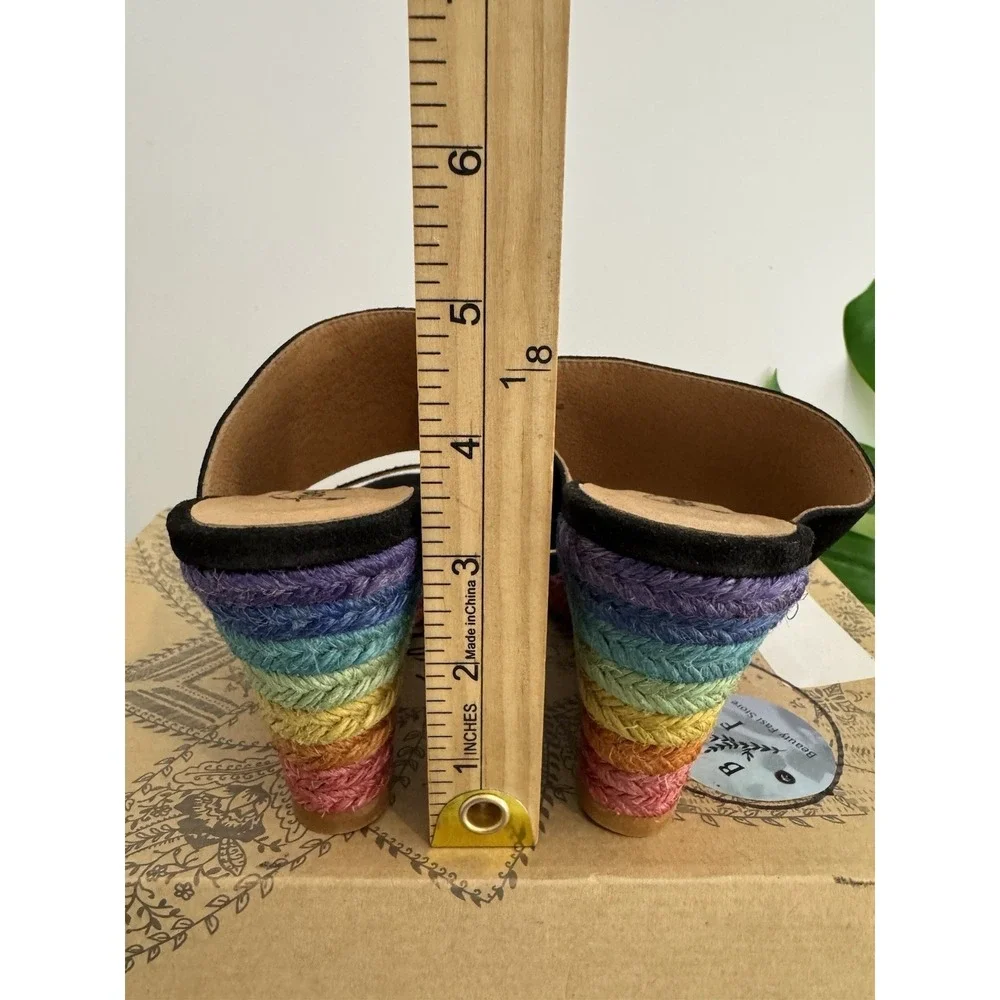 Free‎ People Women's Glorieta Black Suede Espadrille Rainbow Wedge Sz 38 NIB